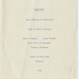 Menu of a luncheon at the Hyde Park Hotel, Knightsbridge.
