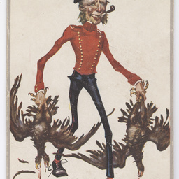 Postcard of soldier carrying dead eagles.