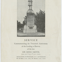 Service leaflet commemorating the 20th Anniversary of the landing at Darwin by Sir Ross Smith.