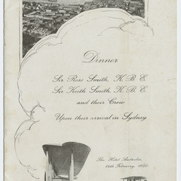 Dinner menu of the Hotel Australia in honour of Sir Ross Smith, Sir Keith Smith and crew.