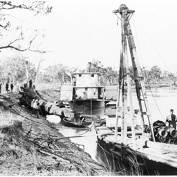 P.S. Industry and derrick barge shifting large logs at Cobdogla
