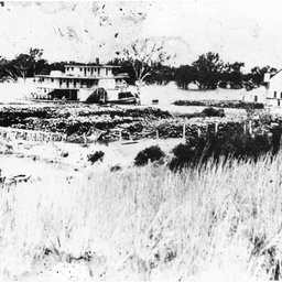 View across a large woodpile to a river steamer at Berri