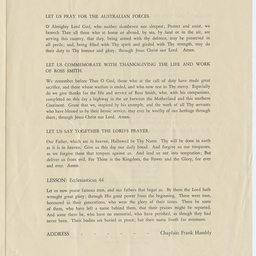 Service leaflet commemorating the 25th Anniversary of the landing at Darwin by Sir Ross Smith.