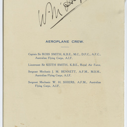 Luncheon menu of Federal Parliament House in honour of Sir Ross Smith and crew.
