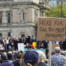 Here for far too meny reasons!' sign at the Adelaide March 4 Justice protest, Tarntanyangga / Victoria Square