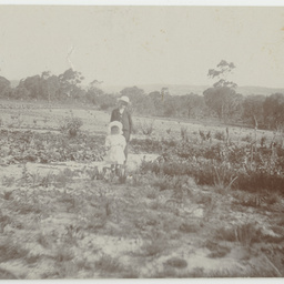 The beginnings of Wittunga farm garden with children Keith and Alison Ashby.