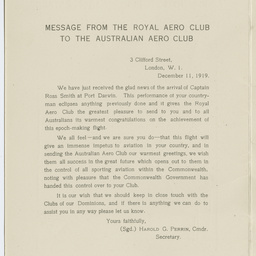 Dinner menu commemorating the first England-Australia flight.