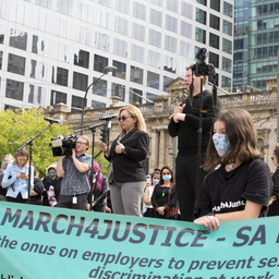 Dr. Afsaneh Moradi speaking at the Adelaide Women's March 4 Justice protest, Tarntanyangga / Victoria Square