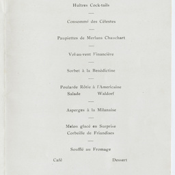 Dinner menu of the Hotel Australia in honour of Sir Ross Smith, Sir Keith Smith and crew.