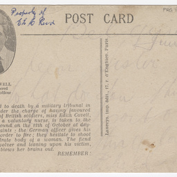 Postcard of Miss Edith Cavell murdered, October 12th 1915, Remember!