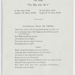 Dinner menu of the Hotel Australia in honour of Sir Ross Smith, Sir Keith Smith and crew.