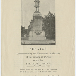 Service leaflet commemorating the 25th Anniversary of the landing at Darwin by Sir Ross Smith.
