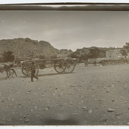 Wagons moving past a settlement
