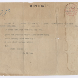 Telegram reporting the death of Ross Smith and Jim Bennett
