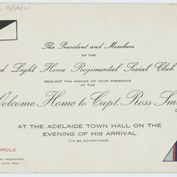 Invitation to the Welcome Home to Capt. Ross Smith at the Adelaide Town Hall.