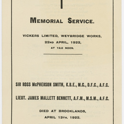 Leaflet for a memorial service for Sir Ross Smith and Lieutenant James Bennett.