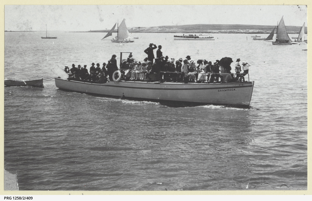 Shamrock motor launch with a crowd on board at Goolwa • Photograph